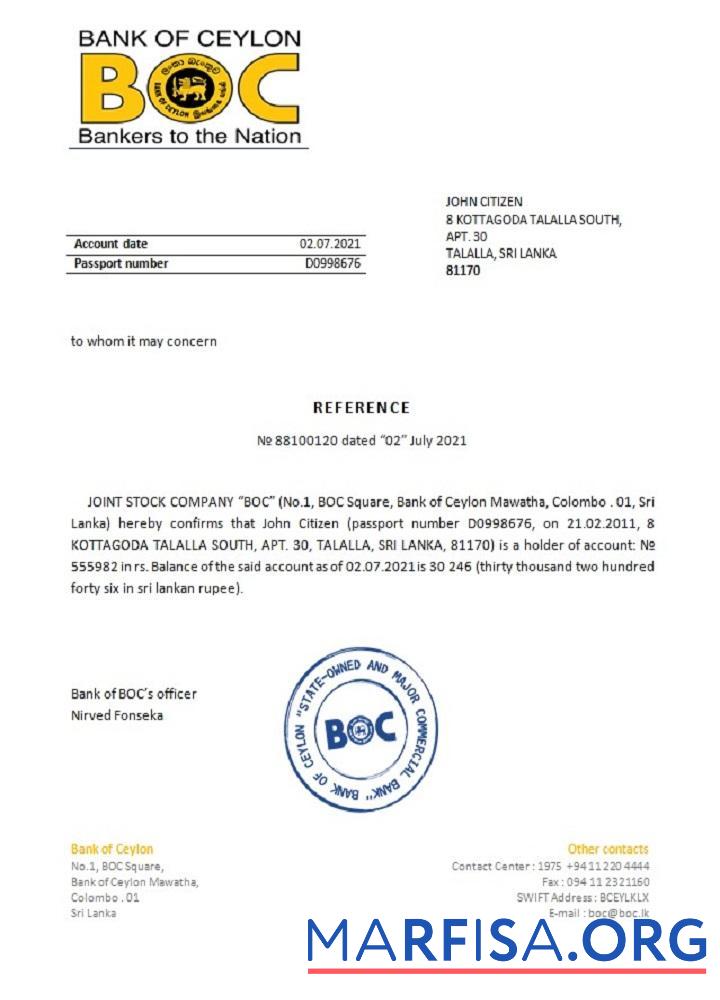 Printable Sri Lanka BOC reference template